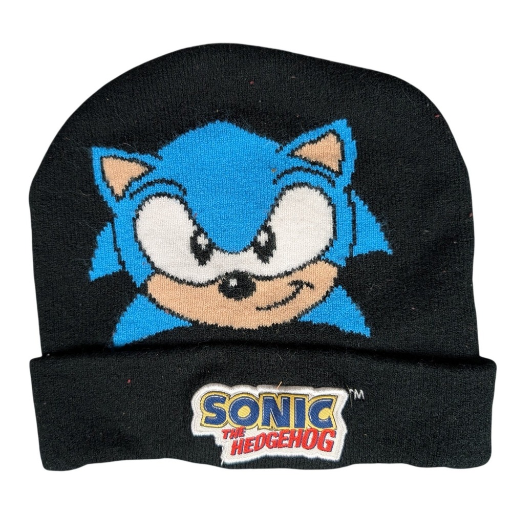 Sonic the Hedgehog Beanie Black Knit Cuffed Hat Sega Video Game Graphic Youth‎